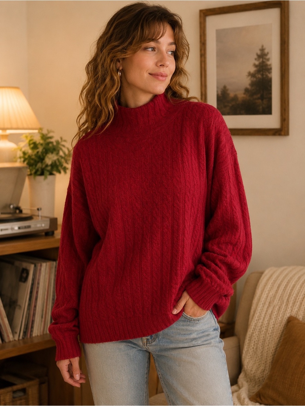 Vintage 90s Express Tricot Womens Sweater Red Cable Knit Mock Neck Size L